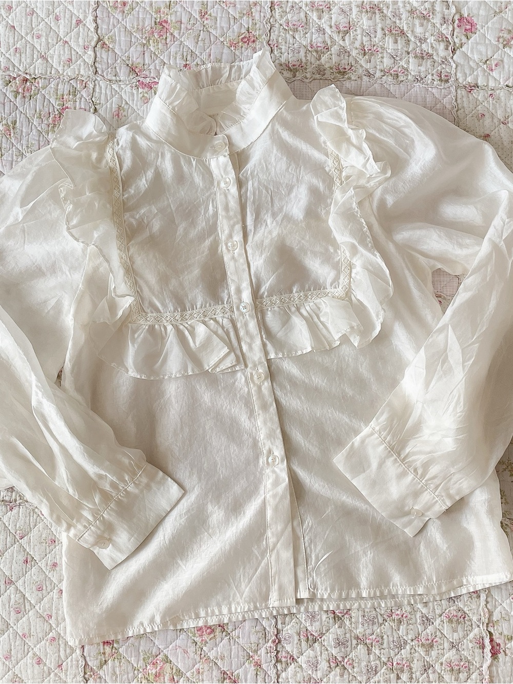 J.ing Ruffle-Trim Ivory Sheer Button-Front Blouse